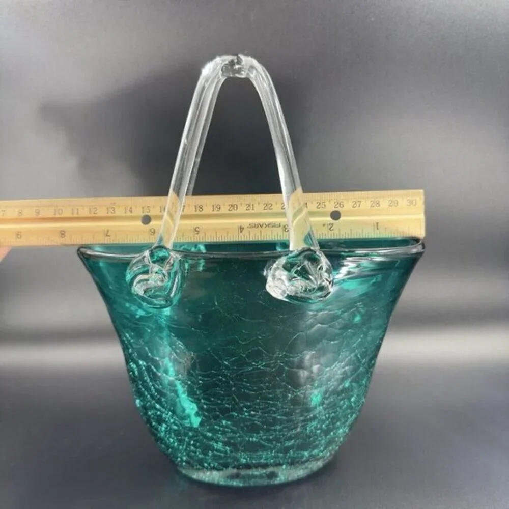 Hand Blown Green Crackle Glass Purse Shape Vase Glassware Decor‎ Clear Handles